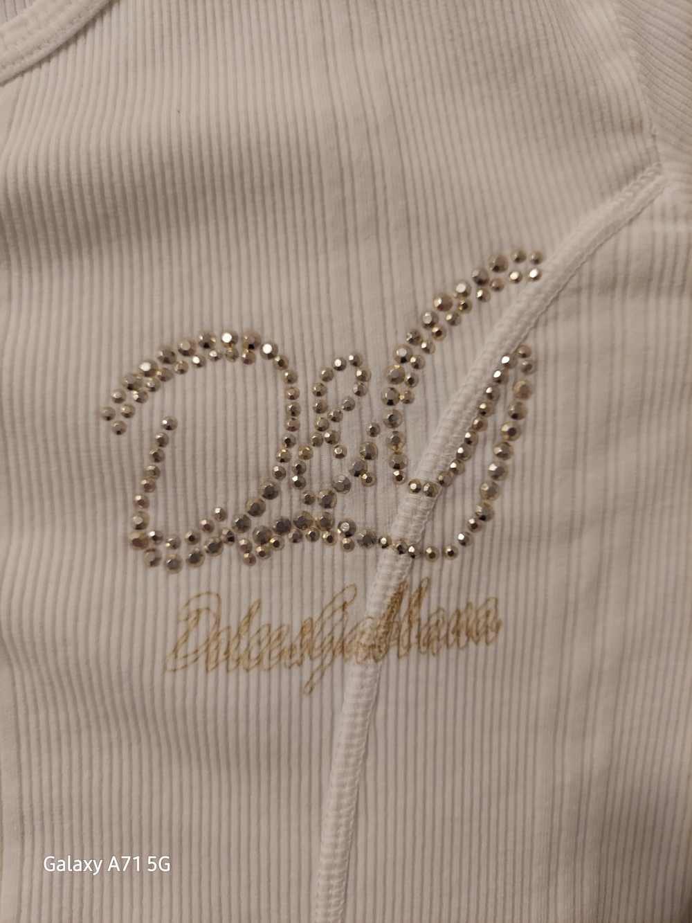 Dolce & Gabbana White Ribbed Long Sleeve Top with Crystal Logo
